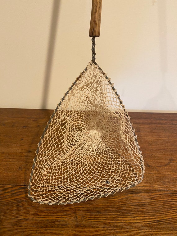 Vintage Handheld Fishing Net With Wire Frame and Wood Handle 