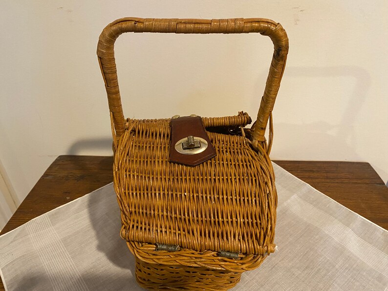 Vintage Small Wicker Basket With Lid and Leather and Metal Etsy
