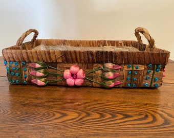 Vintage Woven Wood Basket with Raffia Flowers