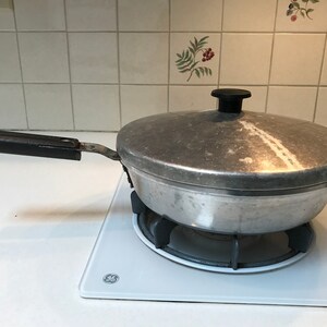Mid-century Aluminum Frying Pan with Lid and Wood handle