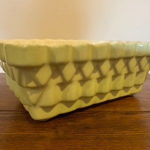 May include: A pale yellow ceramic planter with a unique, textured design. The planter has a rectangular shape and a slightly wavy rim.