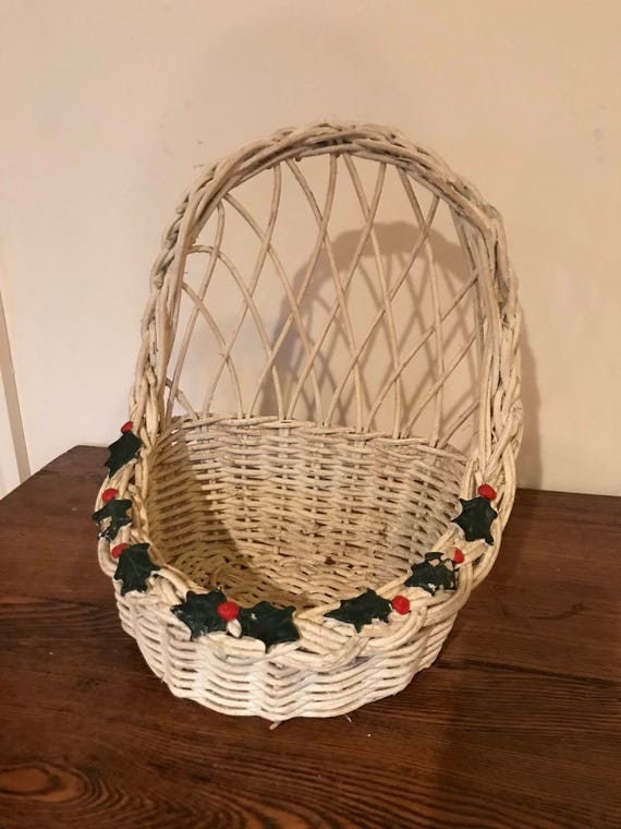 Vintage White Hanging Wicker Basket With Holly Decoration Etsy