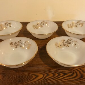 Vintage Federal Glass Company Gold Trimmed Floral Milk Glass Dessert Dishes - Set of 5