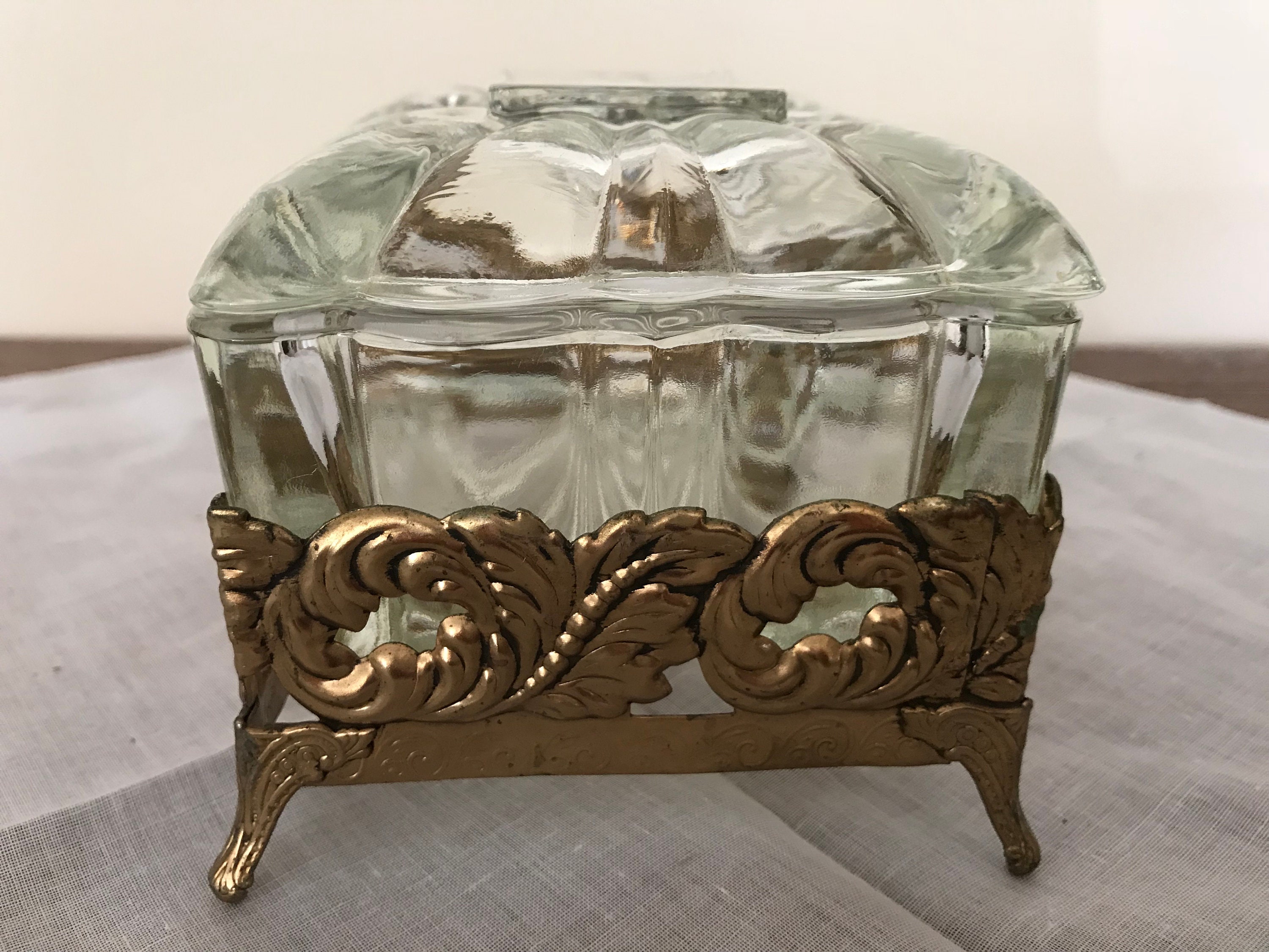 Vintage Glass and Gold Tone Metal Powder Box With Lid and Etsy