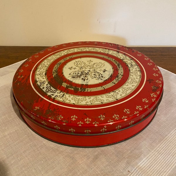 Vintage Red, White and Gold Round Tin