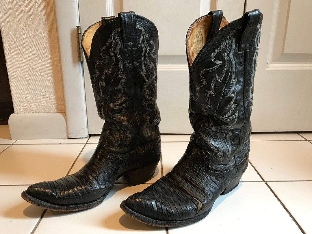1980s Black Cowboy Boots, White Stiching - Justin - Mens  display picture 2