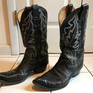 1980s Black Cowboy Boots, White Stiching Justin Mens Size 8 EE Used image 1