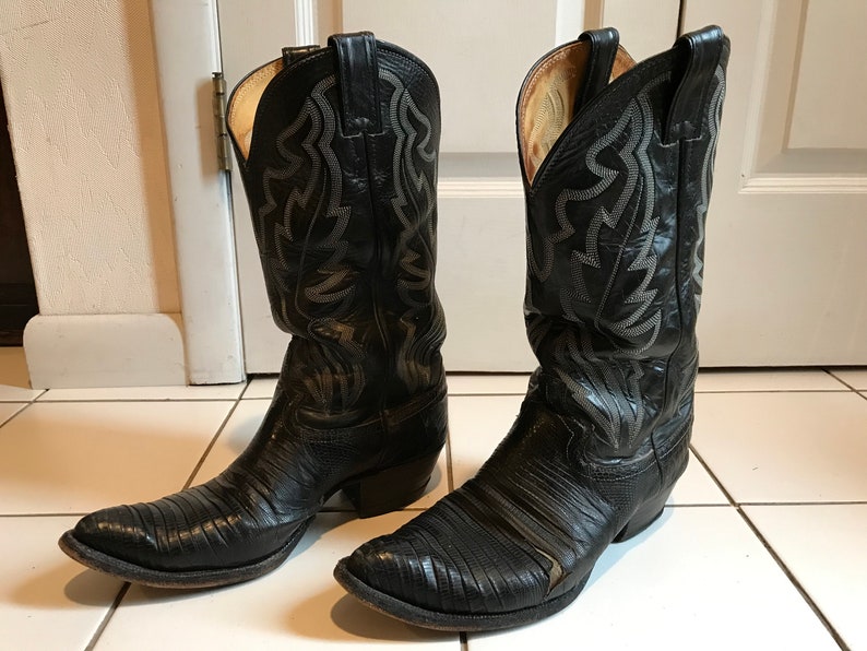 1980s Black Cowboy Boots, White Stiching Justin Mens Size 8 EE Used image 1
