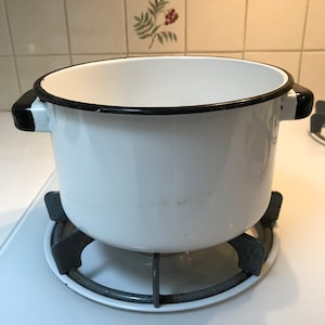 Midcentury White Enamelware Pot with Black Handles and Rim - Medium Size