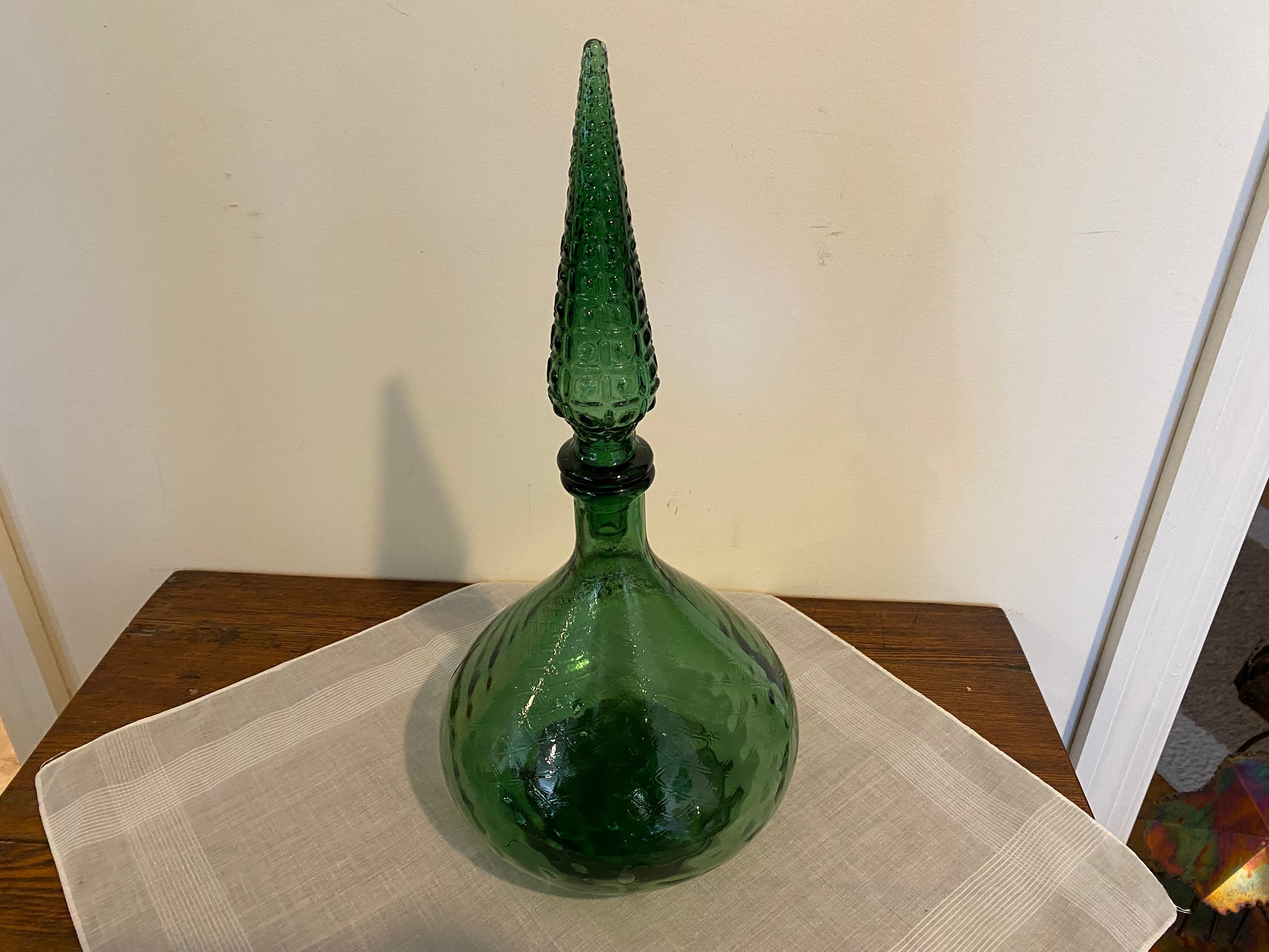 Vintage Green Hobnail Wine Bottle with Glass Stopper