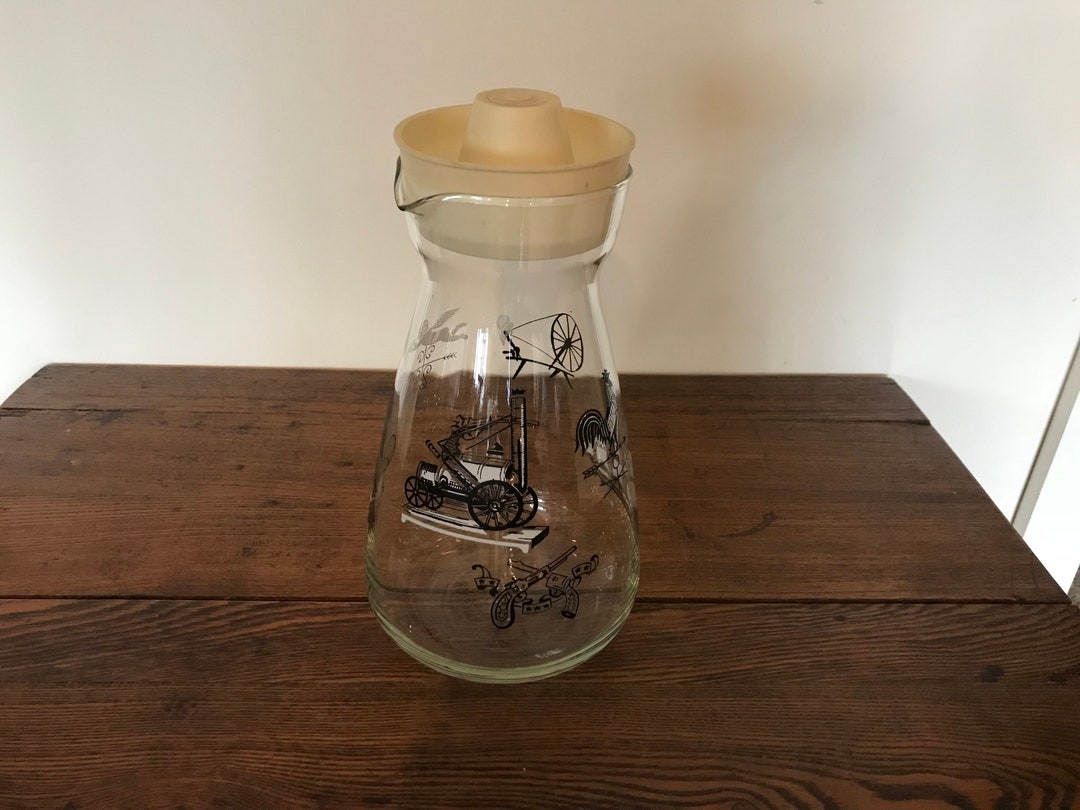 Midcentury Glass Pitcher With Unique Designs in Black and White Etsy