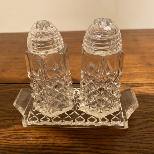Vintage Pressed Glass Salt and Pepper Shakers with Glass Tops and Tray