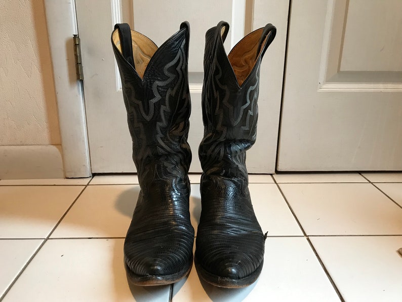 1980s Black Cowboy Boots, White Stiching Justin Mens Size 8 EE Used image 2