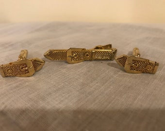 1960s Belt Buckle Shaped Cuff Links and Tie Clip