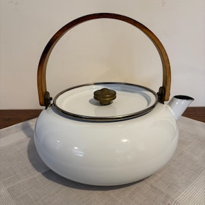 1980s White Enamel Tea Kettle with wood Handle