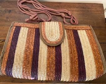 Vintage Brown and Tan Striped Rattan Tote or Large Purse