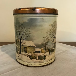 Vintage Decoware &quot;Home to Thanksgiving&quot; Currier en Ives Scene Tin
