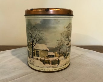 Vintage Decoware "Home to Thanksgiving" Currier and Ives Scene Tin