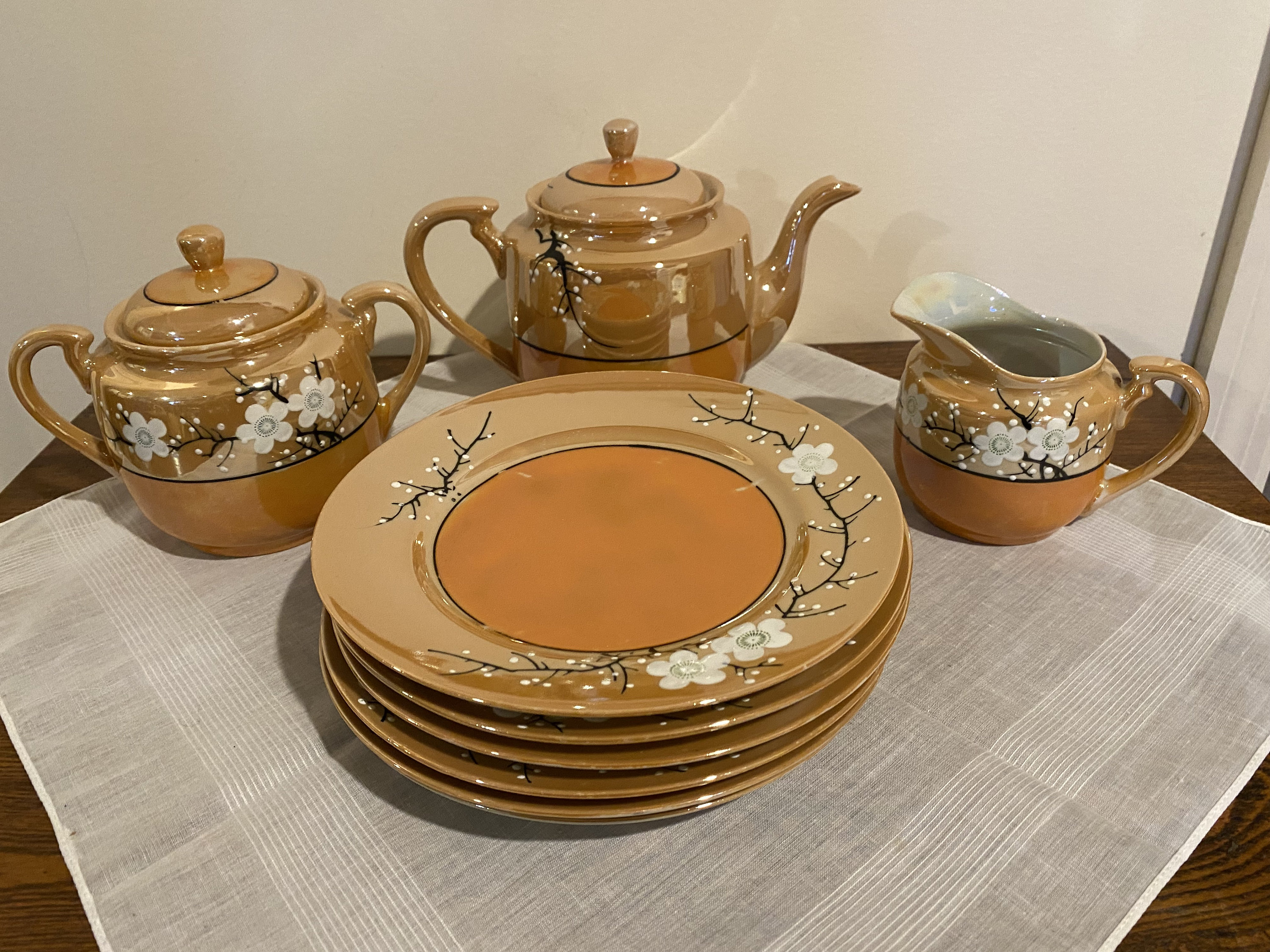 Vintage Japan Lustreware Orange Handpainted Tea Pot, Sugar and