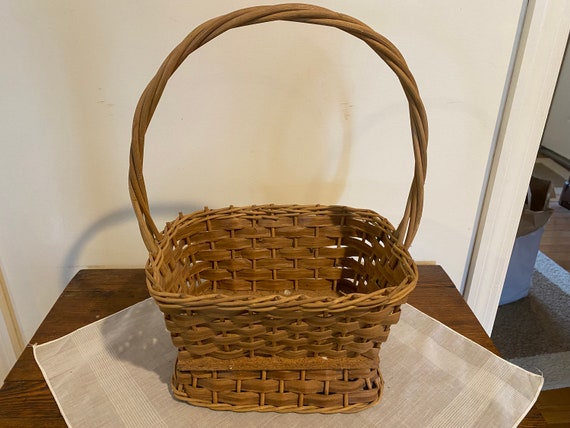Vintage Rectangular Wicker and Wood Basket With Handel 