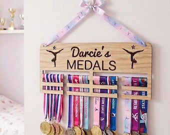 Personalised Medal Holder: Custom Name Display Rack, birchwood hanger. football, rugby cheerleading, gymnastics, swimming, running, engraved