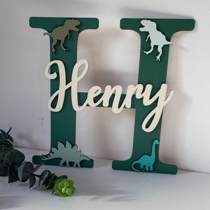 Personalised Dinosuar name sign. Bedroom door name sign. Wooden Letter initial. Dinosaur gift. Christening gift. Dinosaur nameplaque