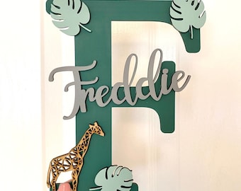 Personalised Jungle name sign. Bedroom door name sign. Bedroom door sign.  Toy box name. Door plaque. Christening gift. Name plaque. 20 cm