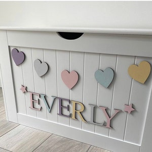 Wooden Toy Box sign & Embellishments. Pastel name. Toy box decor. Wall decor. (Letters / Embellishments only, Toy Box is NOT Included)