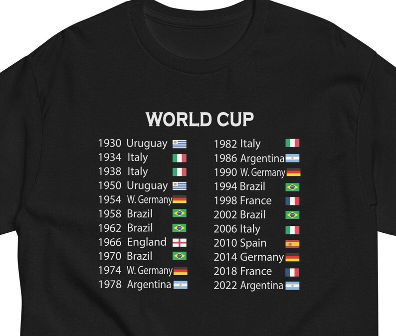 All Time World Cup Winners List Soccer Lovers Gift T Shirt Etsy