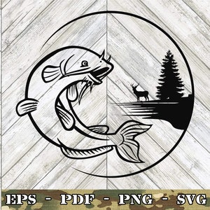 Catfish Scenery SVG File Cricut Silhouette Glowforge Digital Download svg png eps pdf file formats color Fishing Trout Catfish Largemouth