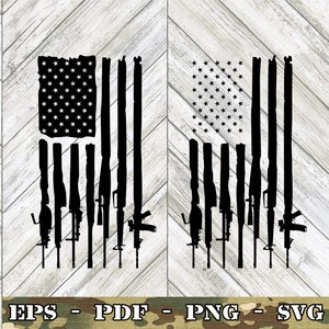 May include: A black and white silhouette of an American flag with the stripes replaced by various types of guns. The flag is distressed and has a grunge effect. The text "EPS - PDF - PNG - SVG" is at the bottom of the image.