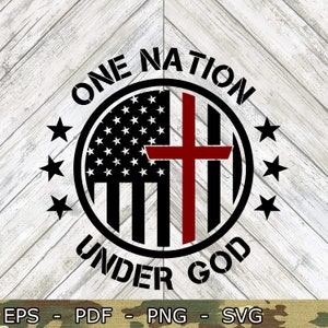 Könnte beinhalten: Schwarzes und weißes Kreisdesign mit dem Text "One Nation Under God" um den Außenbereich. Der Kreis enthält eine stilisierte amerikanische Flagge mit einem roten Kreuz in der Mitte.