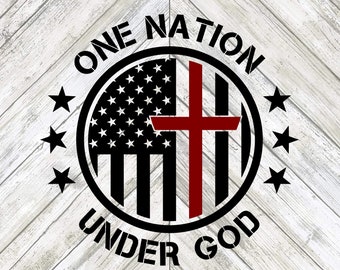 May include: Black and white circle design with the text "One Nation Under God" around the outside. The circle contains a stylized American flag with a red cross in the center.