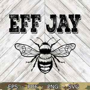 Op de afbeelding: Zwart-wit grafisch ontwerp met de tekst "EFF JAY" en een gestileerde bij-illustratie eronder.