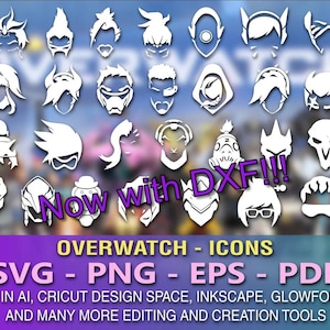 May include: A collection of 25 white Overwatch character icons arranged in a grid. The icons are available in SVG, PNG, EPS, and PDF formats. The text "Now with DXF!" is in purple and white. The text "OVERWATCH - ICONS" is in white on a purple background. The text "SVG - PNG - EPS - PDF" is in white on a pink background. The text "USE IN AI, CRICUT DESIGN SPACE, INKSCAPE, GLOWFORGE, AND MANY MORE EDITING AND CREATION TOOLS" is in white on a purple background.