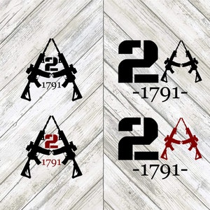 Pode incluir: Design gráfico preto e branco com dois rifles cruzados em forma de 'X' com o número '2' no centro. O ano '1791' está escrito abaixo dos rifles.