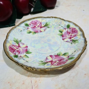 JAPAN Orphan Saucer Pink Roses Brushed Gold Trim Lustreware Excellent