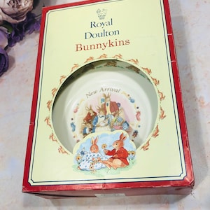 NEW ARRIVAL Bunnykins by Royal Doulton 2 Piece Set Cup Bowl IOB Childs Nursery Set Christening Birth Gift Box has red edge