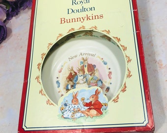 NEW ARRIVAL Bunnykins by Royal Doulton 2 Piece Set Cup Bowl IOB Childs Nursery Set Christening Birth Gift Box has red edge