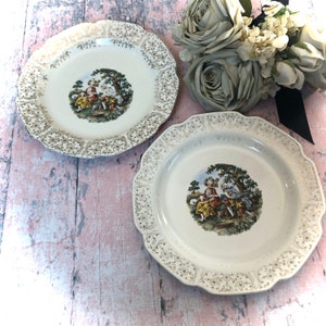 2 As-is Courting Couple DINNER Plates 9&quot; Antique Lovely Vintage Condition 22 KT Gold Chintz  Colonial Victorian Decor Uncertain Maker USA