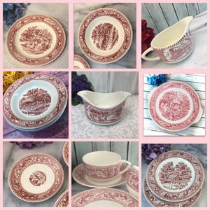 OPEN STOCK Memory Lane Red Pink and White Transferware Willow Cottage Style USA Made 12&quot; Platter