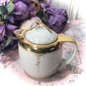 Silesia Tillowitz RLS Creamer Covered Syrup Excellent Ornate Opalescent White with Gold Trim German Made Art Deco Mother&#39;s Day