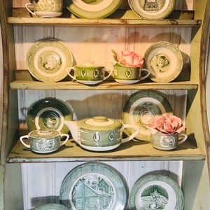Open Stock Old Curiosity Shoppe Bread Salad Dinner Plate Cup Saucer Sugar Bowls Creamer Green by Royal China