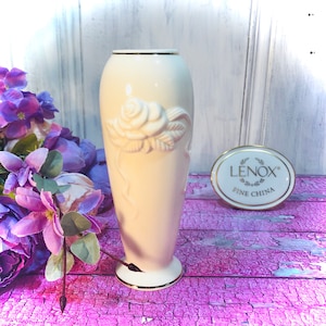Lenox Rose Blossom Vase USA Made Ornate Embossed Ribbon 7+&quot;