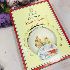 Bunnykins by Royal Doulton 3 Piece Set Cup Bowl Plate IOB Childs Nursery Set Christening Birth Gift Box has red edge