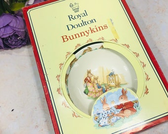 Bunnykins by Royal Doulton 3 Piece Set Cup Bowl Plate IOB Childs Nursery Set Christening Birth Gift Box has red edge