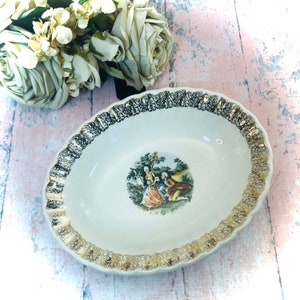 Brautpaar Oval Gemüseschale Servierplatte Goldspitze Filagree Unbekannter Maker Lot 22KT Gold Garantiert Lovely! Dame in rosa-blauem Kleid