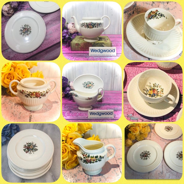 OPEN STOCK Wedgwood Conway Edme Made in England Ivory Ceramic Lovely Ribbed Floral Creamer Sugar Gravy Teapot Side Salad Dinner Plates Bowls