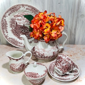 Churchill Willow Rosa OPEN STOCK Pink Red Excellent Condition Teapot Creamer Sugar Cup Saucer Dinner Plate