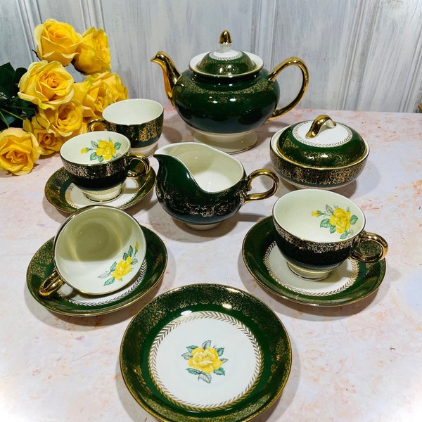 Open Stock Homer Laughlin Lady Greenbrier Creamer Sugar Yellow Rose Green Band 22KT Gold USA